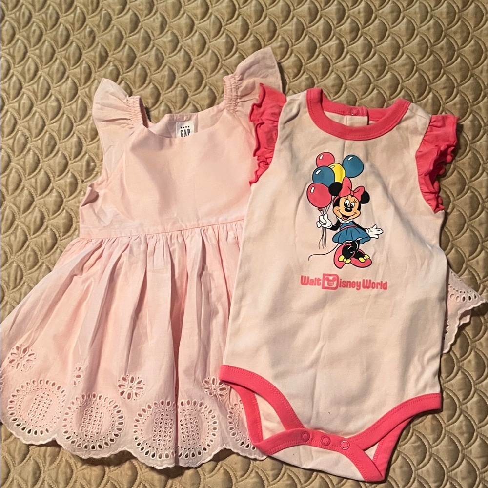 GAP Pink Eyelet Dress & Disney Onesie - Baby Girl Lot of 2 Outfits - 18-24 Mos